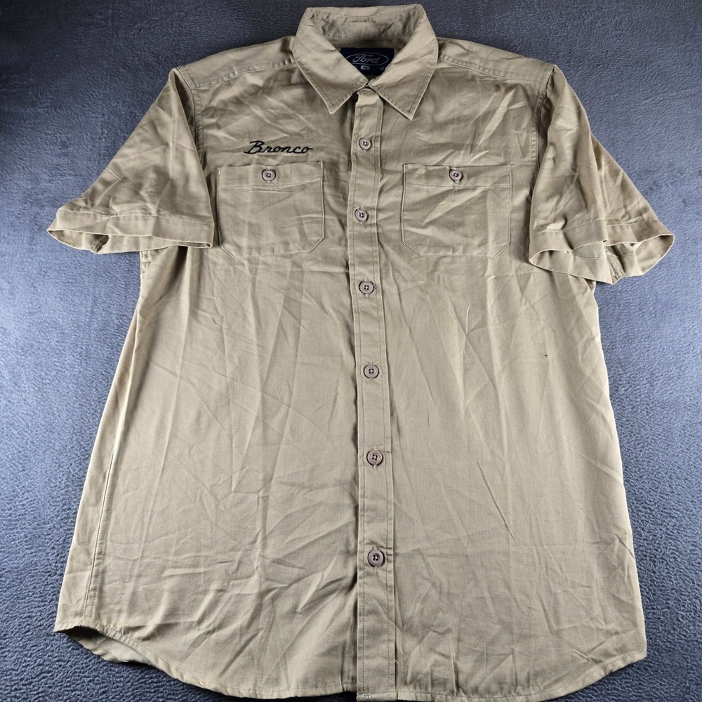Ford Bronco Motor Co Detroit Mich Khaki Work Shirt Mens Medium Short Sleeve Tan